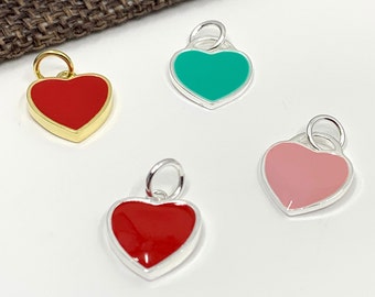 925 Sterling Silver Enamel Heart Charm, Flat Heart Charm Loop, Red Enamel Heart, Blue Heart Pendant, Bracelet Necklace, 1 Charm per order