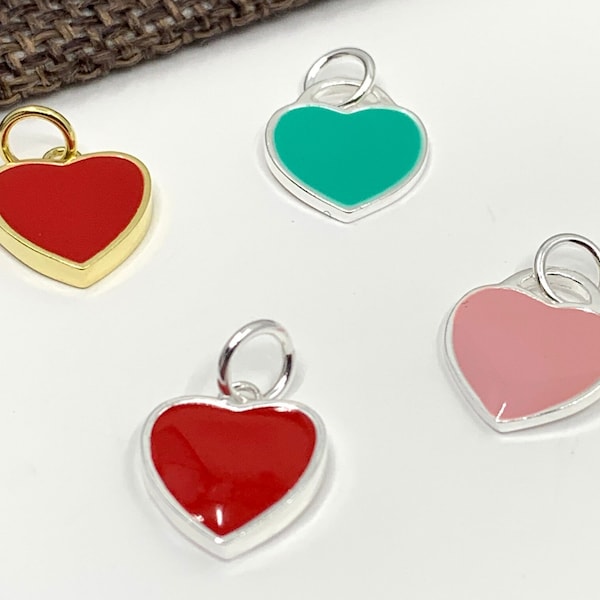 925 Sterling Silver Enamel Heart Charm, Flat Heart Charm Loop, Red Enamel Heart, Blue Heart Pendant, Bracelet Necklace, 1 Charm per order