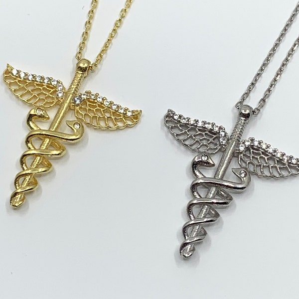 Caduceus Symbol Necklace, Medical Alert Charm, Medic Necklace, Medicine pendant, 925 Sterling Silver, 18k gold plated, Rod of Asclepius