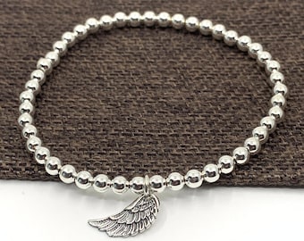 Angel Wing Charm bracelet, 925 Sterling Silver Round ball beaded bracelet, Seamless beads, Stretchy, Guardian Angel, Antique Silver Wing