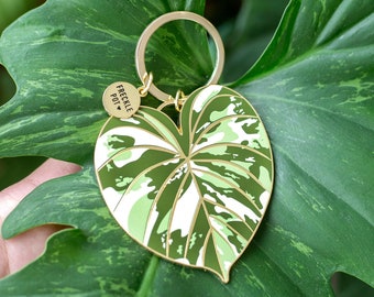 Tropical Plant Leaf Enamel Keychain | Plant Lovers Gift Gold Botanic Keyring Plant Mom Dad Bag Charm Monstera Pink Princess Clarinervium