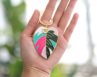 Tropical Plant Leaf Enamel Keychain | Plant Lovers Gift Gold Botanic Keyring Plant Mom Dad Bag Charm Monstera Pink Princess Clarinervium