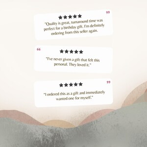 three text boxes with positive feedback about a birthday gift, and there are three star-rated images of the gift.