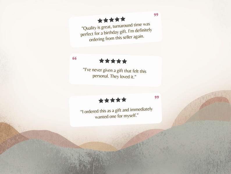 three text boxes with positive feedback about a birthday gift, and there are three star-rated images of the gift.