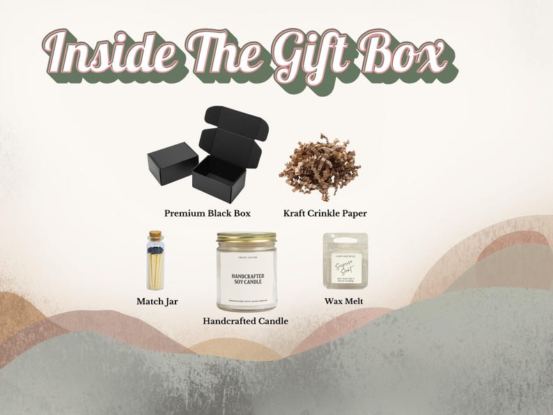 various gift items, including a premium black box, craft crinkle paper, match jar, handcrafted soy candle, wax melt, and a handcrafted candle.