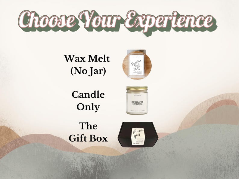 a selection of gift boxes, each with a different label, including a wax melt (No Jar) candle, a candle only, and a gift box.