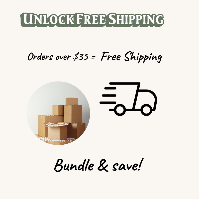 The image is a promotional graphic for a free shipping offer. It features a stack of cardboard boxes and a delivery truck icon, along with text that reads "Unlock Free Shipping" and "Orders over $35 = Free Shipping". The image also includes a text overlay that says "Bundle & save!"