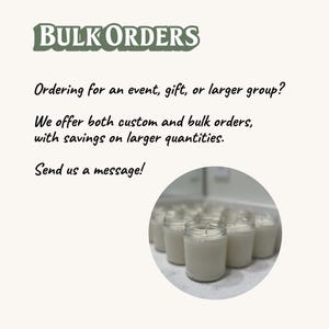 a collection of white candles in glass jars arranged on a surface, with a text overlay providing information about bulk orders.
