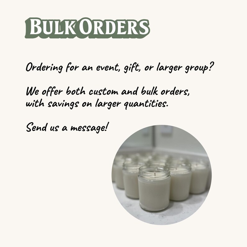 a collection of white candles in glass jars arranged on a surface, with a text overlay providing information about bulk orders.