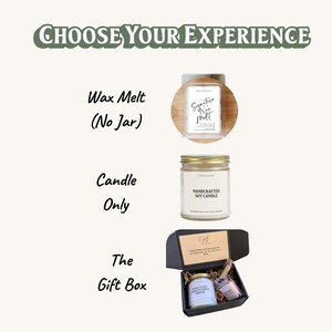 three different gift boxes, each with a unique feature: a wax melt (no jar) candle, a candle only candle, and a gift box.