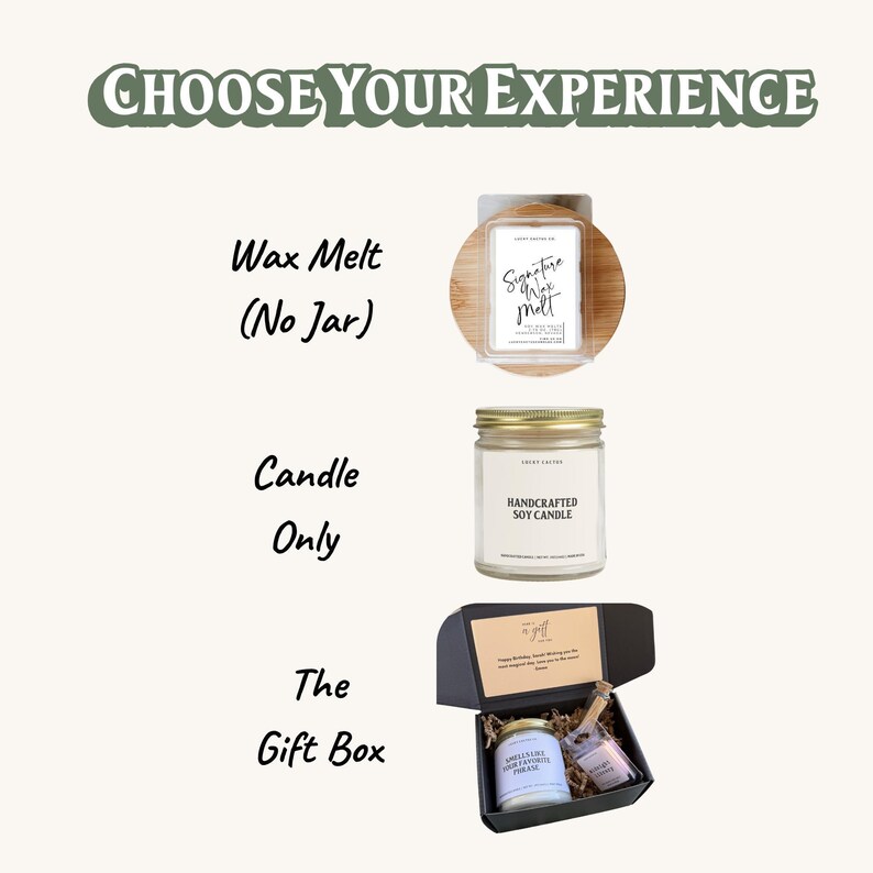 three different gift boxes, each with a unique feature: a wax melt (no jar) candle, a candle only candle, and a gift box.