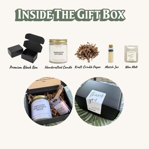 various gift items inside a gift box, including a premium black box, a handmade candle, kraft crinkle paper, a match jar, and a wax melt.
