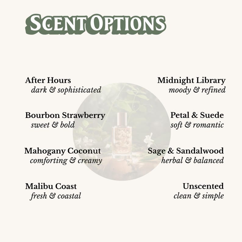 a collection of scents, each with its own unique description. The scents include "After Hours" with a dark and sophisticated aroma, "Midnight Library" with a moody and refined scent, "Bourbon Strawberry" with a sweet and bold fragrance, "Mahogany Coconut" with a comforting and creamy scent, "Malibu Coast" with a fresh and coastal aroma, and "Unscented" with a clean and simple fragrance.