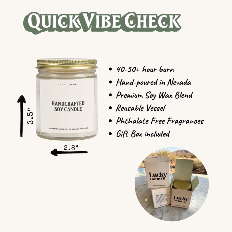 The image is a promotional image for a soy candle product from Lucky Lacto. It features a handcrafted soy candle with a gold-colored lid, labeled as a premium soy wax blend, and a reusable vessel. The candle is described as having a 40-50+ hour burn time, hand-poured in Nevada, and a phthalate-free fragrance. Additionally, the product is included in a gift box. The image is a collage of various shots, including a close-up of the candle, a product photo, and a product box.