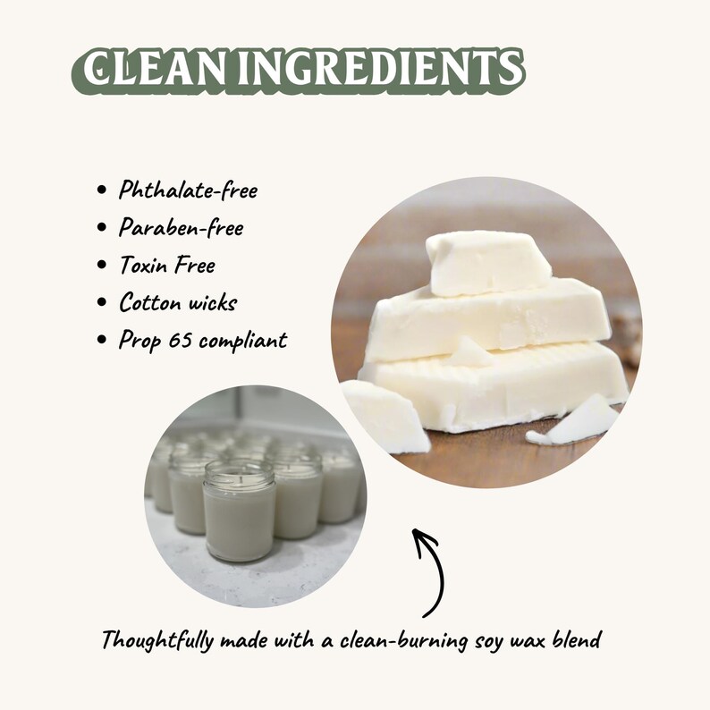 The image is a collage of three images: a close-up of a stack of white blocks, a close-up of a candle in a jar, and a close-up of a pile of white blocks. The text above the images reads "CLEAN INGREDIENTS" and below the images, it says "Thoughtfully made with a clean-burning soy wax blend".