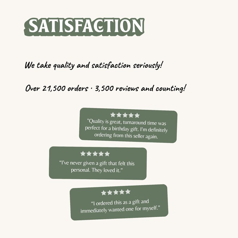 three green boxes with text and stars, each containing a different positive review about the seller's quality and satisfaction.
