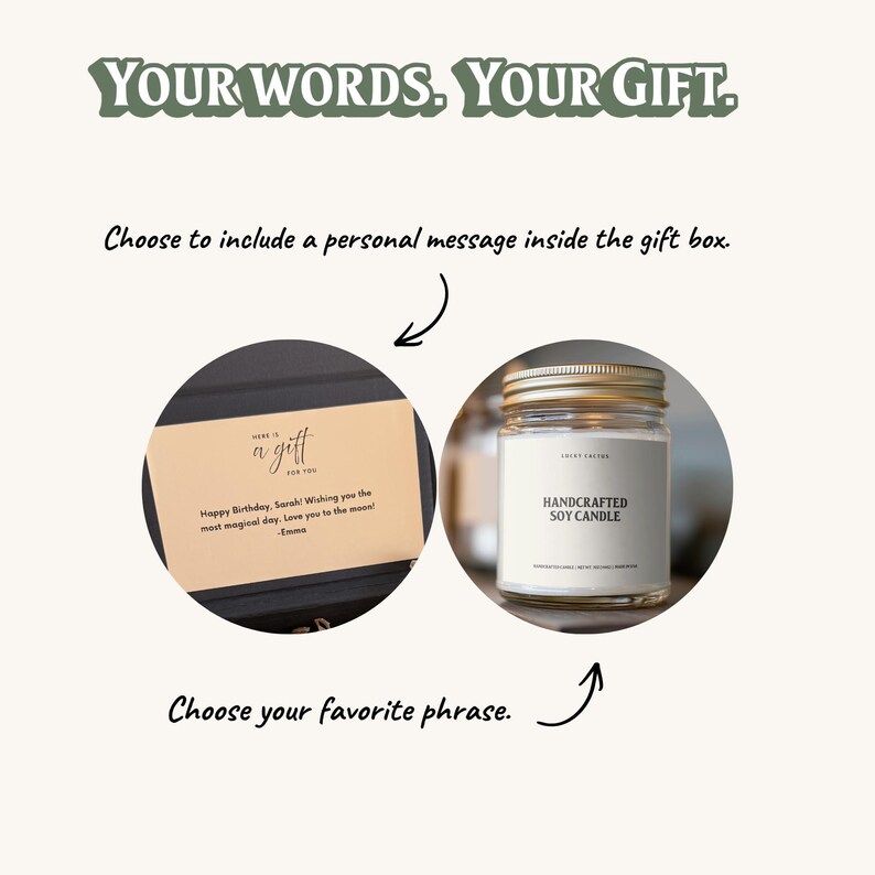The image is a gift box with a candle inside, along with instructions for choosing a personal message and a favorite phrase to include in the gift box.