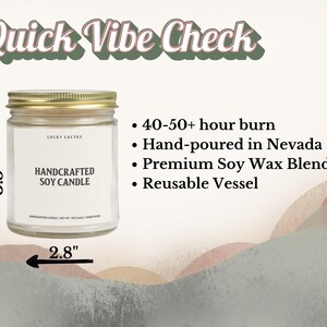 a handcrafted soy candle from Lucky Cactus, with a burn time of 40-50 hours and a premium soy wax blend. The candle is a reusable vessel, as indicated by the text.