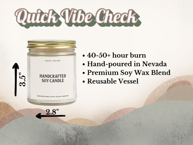 a handcrafted soy candle from Lucky Cactus, with a burn time of 40-50 hours and a premium soy wax blend. The candle is a reusable vessel, as indicated by the text.
