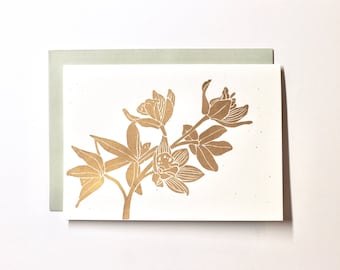Block Printed Greeting Card | Orchid | Blank Inside Card | Flower Print | Handmade Card | Metallic Gold Ink | Stationary | Thank You Card