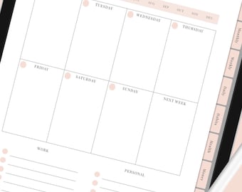 May include: A weekly planner displayed on a tablet screen with a white stylus. The planner features a simple design with a calendar at the top and sections for work, personal, and next week. The planner also includes a section for notes and lists.
