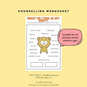 Anxiety Symptoms Counselling Worksheet Printable/Instant Download for children, Therapy Aid, School Counsellor, Psychology Tools