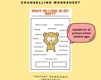 Anxiety Symptoms Counselling Worksheet Printable/Instant Download for children, Therapy Aid, School Counsellor, Psychology Tools