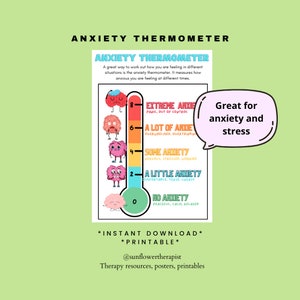 May include: A colorful anxiety thermometer with a brain graphic for each level of anxiety. The levels are: No Anxiety, A Little Anxiety, Some Anxiety, A Lot of Anxiety, and Extreme Anxiety. The text "Great for anxiety and stress" is in a speech bubble.