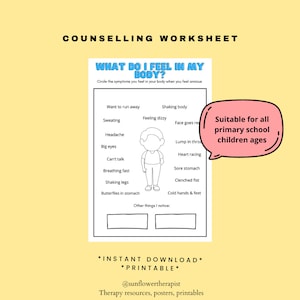 Anxiety Symptoms Counselling Worksheet Printable/Instant Download for children, Therapy Aid, School Counsellor, Psychology Tools