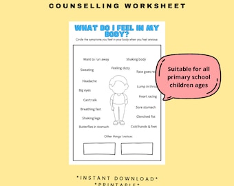 Anxiety Symptoms Counselling Worksheet Printable/Instant Download for children, Therapy Aid, School Counsellor, Psychology Tools