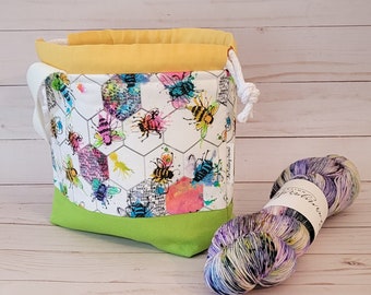 SMALL Bee Splat Project Bag, Knitting Bag, Crochet Bag, Makers Bag, Sock Bag, Project Bag