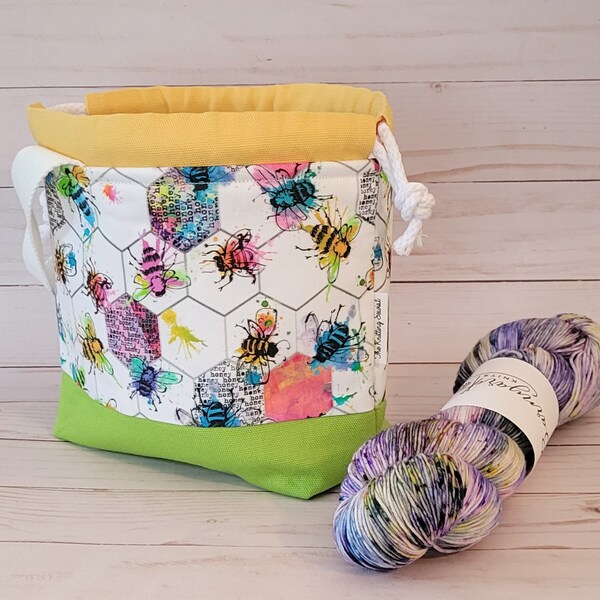 SMALL Bee Splat Project Bag, Knitting Bag, Crochet Bag, Makers Bag, Sock Bag, Project Bag