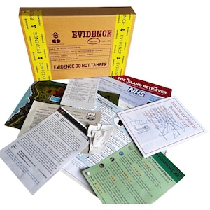 May include: A brown cardboard box labelled EVIDENCE with yellow tape, containing various documents including a police evidence report, a newspaper titled The Island Retriever, hotel reviews, and typed letters related to a fictional murder case.