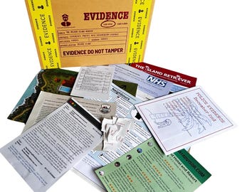 May include: A brown cardboard box labeled EVIDENCE with yellow tape, containing various documents including a police evidence report, a newspaper titled The Island Retriever, hotel reviews, and typed letters related to a fictional murder case.