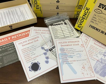 May include: A set of police evidence cards with a blue and white illustration of a person, a black and white illustration of a person, and a black and white illustration of a bullet hole. The cards have the text "Police Evidence" and the date. The cards are on a wooden table.