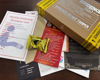 May include: A collection of items related to a police investigation, including a cardboard box labeled "EVIDENCE" with yellow tape, documents, a menu, and a gold foil-wrapped item. The documents include text.