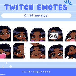Cute Chibi Girl Emote Pack for Twitch and Discord | Black hair | Brown skin | Black Eyes | Premade emotes