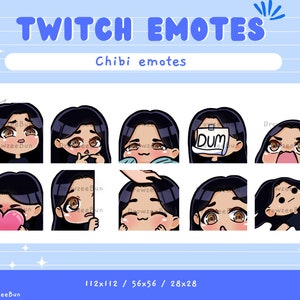 Cute Chibi Girl Emote Pack for Twitch and Discord | Black hair |Brown Eyes | Premade emotes