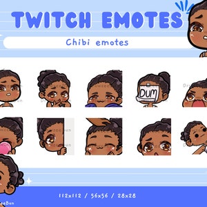 Cute Chibi Girl Emote Pack for Twitch and Discord | Dark Brown hair | Brown skin | Brown Eyes | Premade emotes