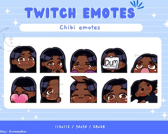 Pacote de emotes fofos de Chibi Girl para Twitch e Discord | Cabelo preto | Pele morena| Olhos Castanhos | Emotes pré-fabricados