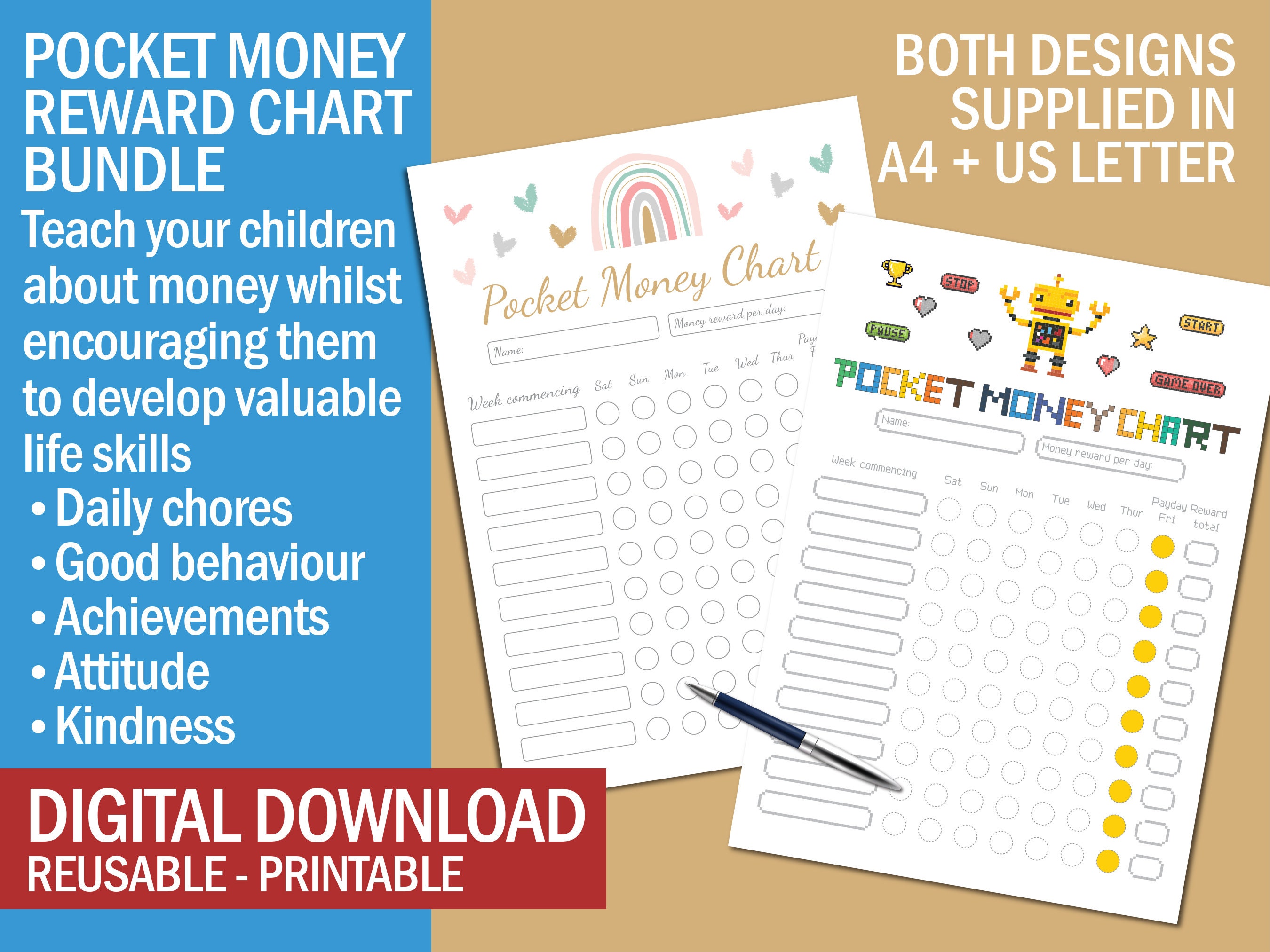 Pocket Money Reward Chart Girl Boy Rainbow and Gaming Etsy Australia