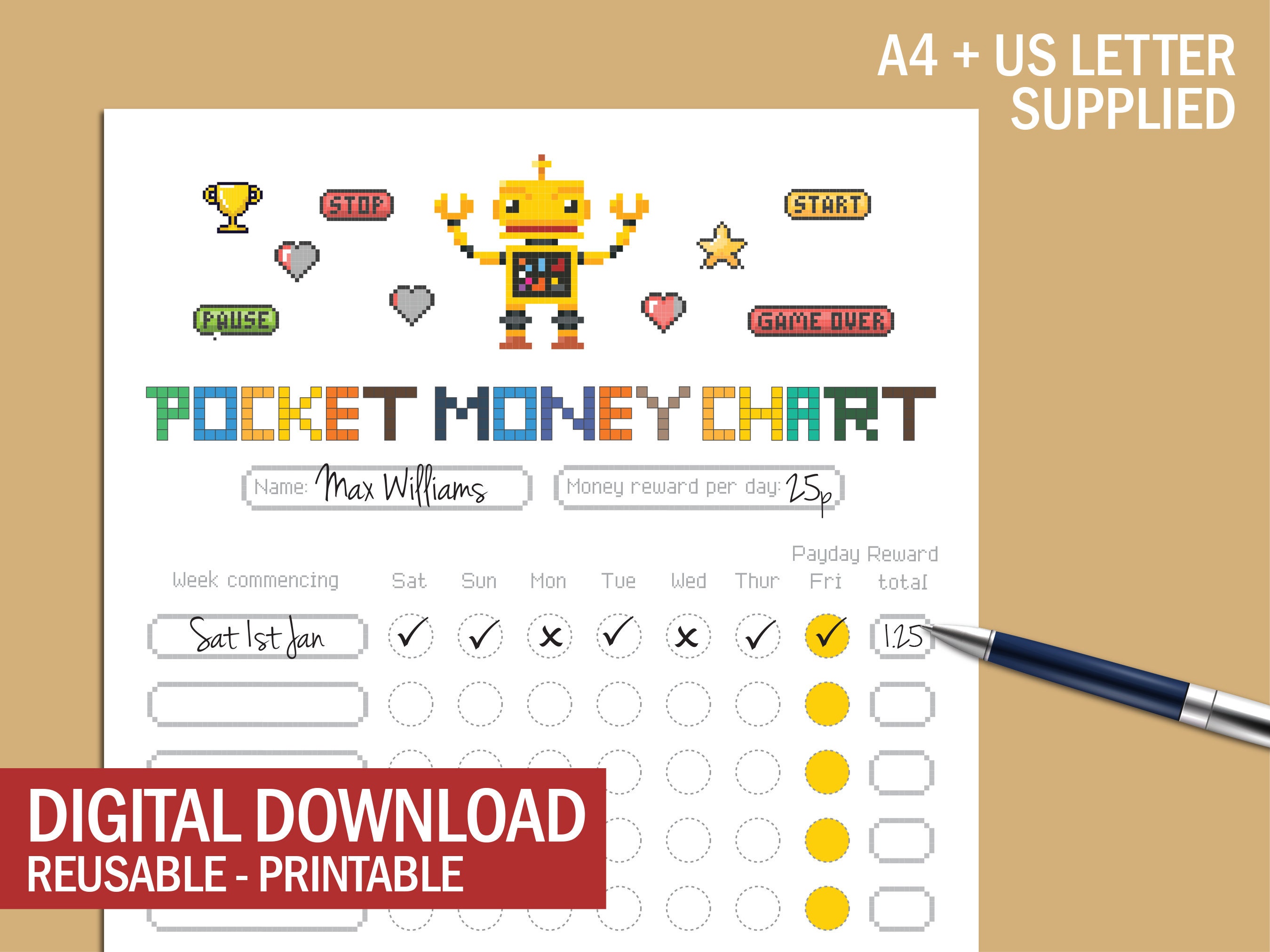 Pocket Money Reward Chart Girl Boy Design Re-usable Reward Charts ...