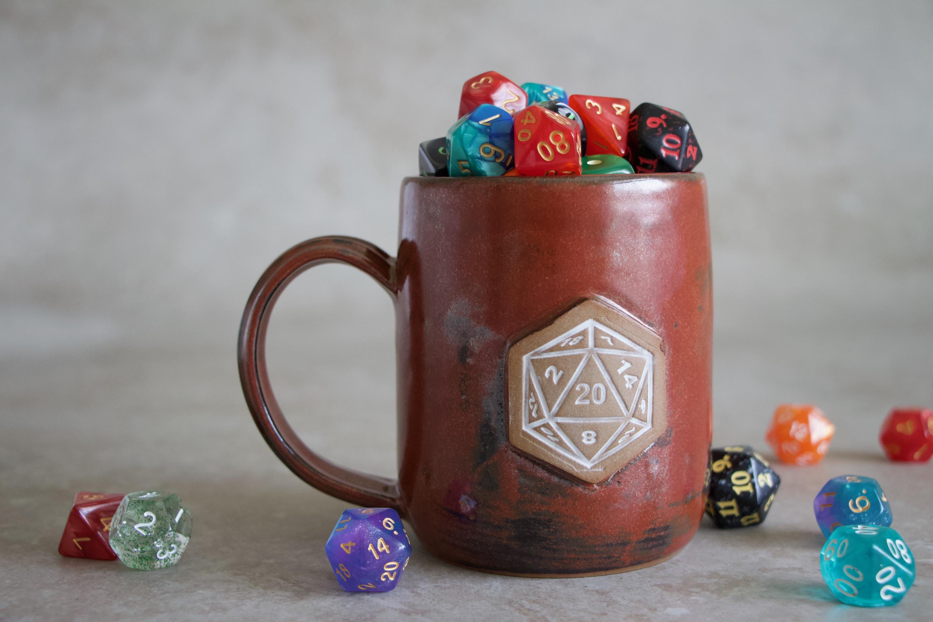 Handmade D20 Mug: Wheel Thrown Pottery for Gamers