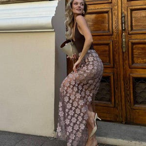 Bohemian 3D Flower Maxi Skirt • Sheer Lace with Lining • Romantic Long Skirt • Dreamy Festival Fashion • Romantic Evening Wear