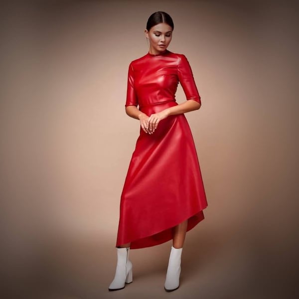 Eco-Friendly Clothing, Vibrant Red Vegan Leather Dress with Asymmetrical Skirt - Chic and Sustainable Fashion Statement, red leather dress