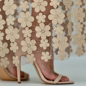 See-through Lace Maxi Skirt with 3D Floral Appliqué | Sheer Overlay Beige Flower Mesh Skirt | Women&#39;s Handmade Special Occasion Maxi Skirt