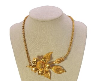 Vintage Glam Statement Retro Chain Floral Flower Gold tone Statement Pendant Necklace