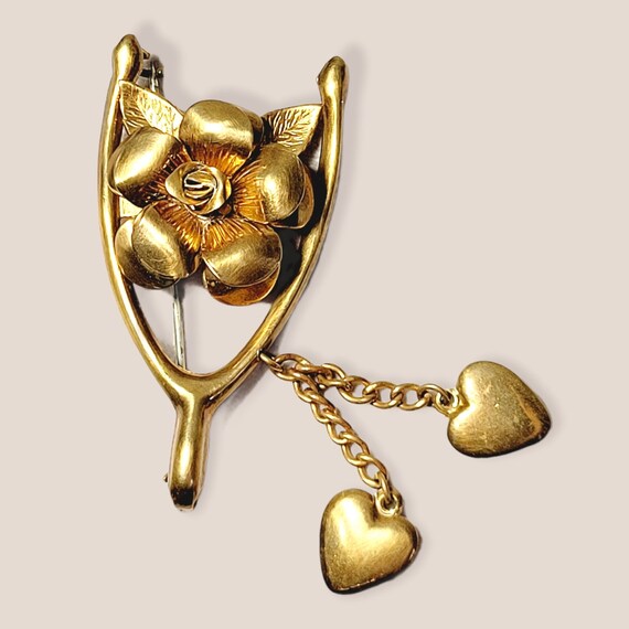 Vintage Lucky Wishbone CORO Stamped Gold Tone Flower Brooch Etsy