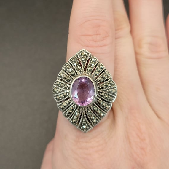 Vintage Glam Statement Ring Signed AK 925 Sterling Sliver Size 7
