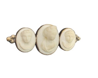 Antique Victorian Glam Lava White Cameo Brooch Pin 1870 14k Gold